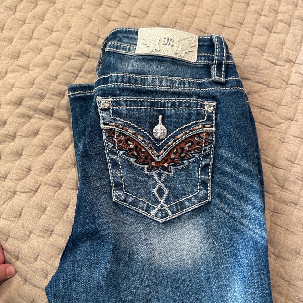 Miss Me Blue Boot Cut Jeans with Brown Embroidery
